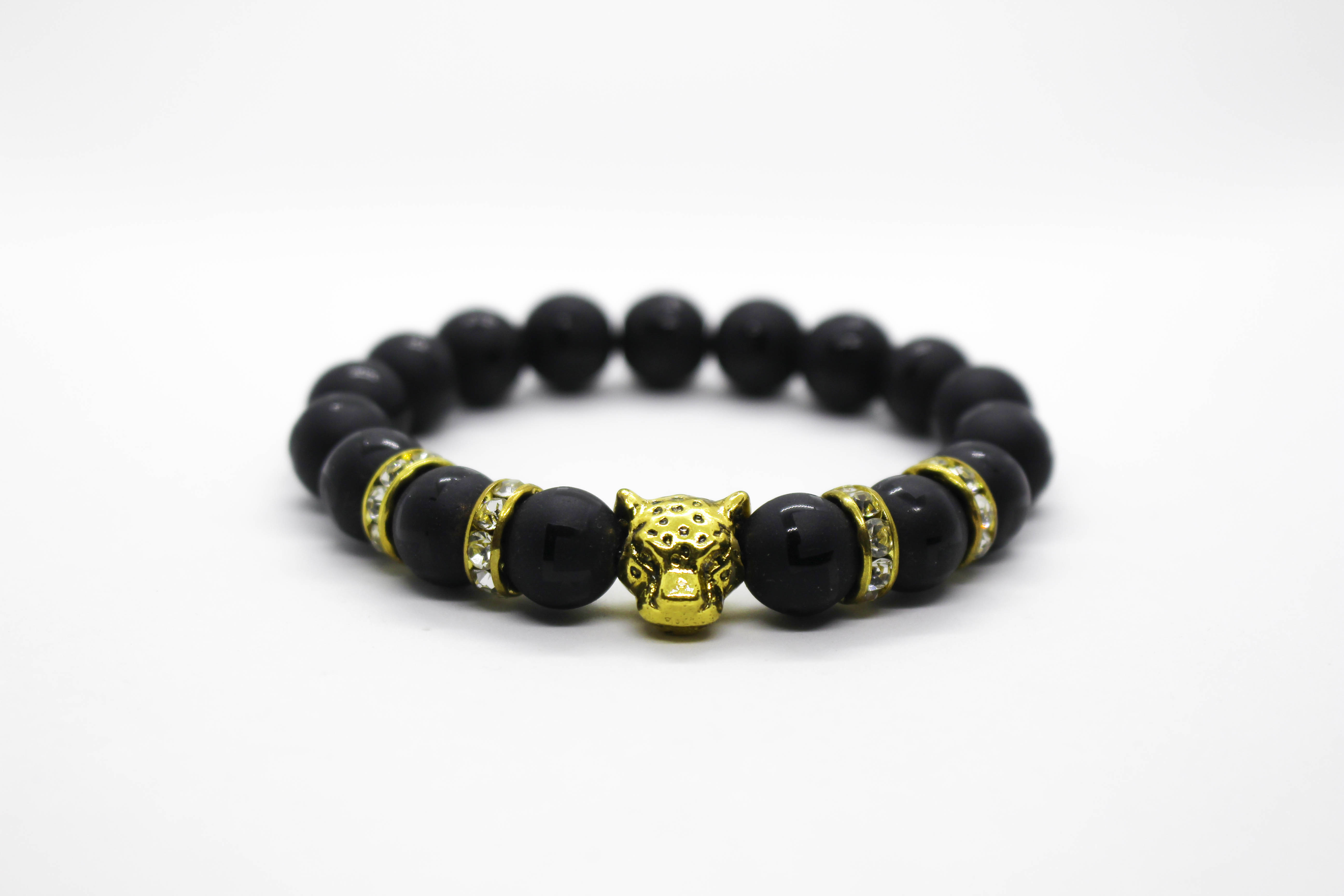 Black Panther Bracelet With Gold Panther Head (Onyx Crystal) 10mm Beads ...